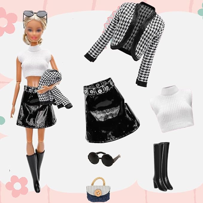 21 PCS Doll Clothes & Accessories Includes 6 Fashion Outfits Chic Suits Party Gown Dress Outfit Stylish Dress Casual Clothing with 6 Pairs of Shoes Accessories,Glasses ,bag for Girl Doll Birthday Xmas