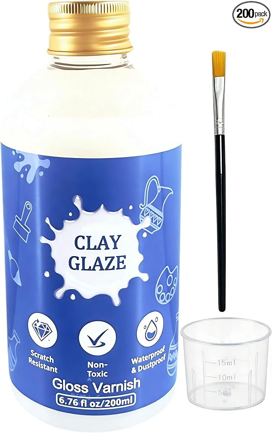 Air Dry Clay Varnish, 200ml Gloss Polymer Clay Glaze, Prevent Clay Cracking, Scratch Resistant, Waterproof, for Pottery, Crafts, Oil Paintings, Clay Sealant with Brush & Measuring Cup