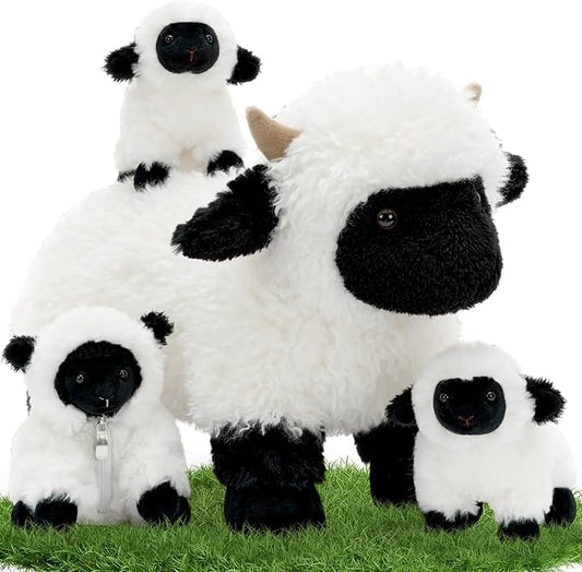 Tezituor 4Pcs Valais Blacknose Sheep Stuffed Animals Set, 18 Inch Large Mommy Stuffed Sheep Plush with 3 Cute Lamb Babies, Realistic Lamb Plushies Gift for Girls Boys Easter Birthday Decor