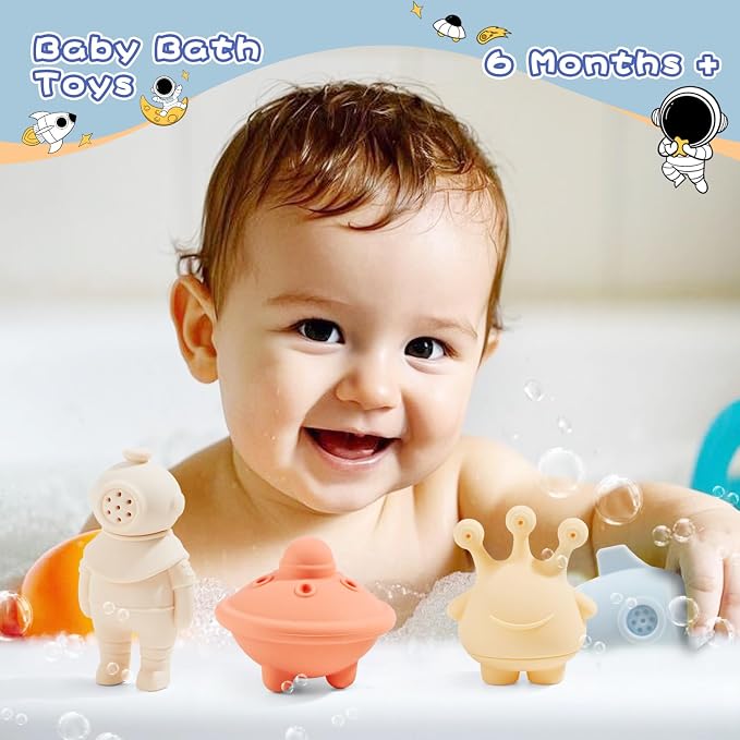 AMCHSURI Bath Toys, Space & Rocket 4 Pack | Dishwasher-Safe & Mold Free Silicone Bath Toys | Soft, Squeezable & Float on Water | Soft & Easy-Grip Baby & Toddler Bath Toy Set | Baby Pool Toys