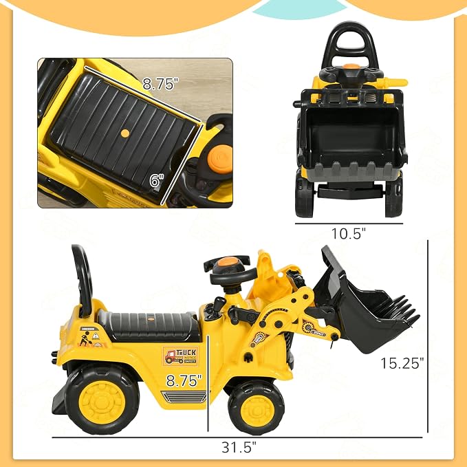 HOMCOM Ride On Excavator, Kids Bulldozer Pull Cart with Horn, Under Seat Storage, Sit and Scoot Pretend Play Toy Construction Car for Ages 18-48 Months