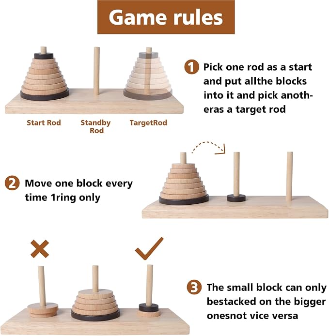 Gothink Wooden Nine-Storey Tower of Hanoi Logic Puzzle Brain Teaser Intellectual Toy for Kids and Adults
