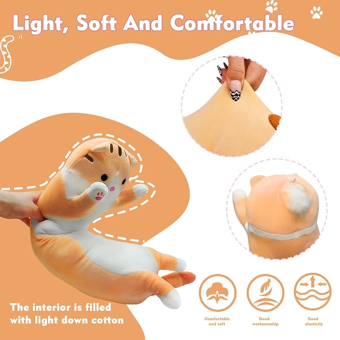 Long Cat Plush Pillow, 19.6in Cute Cat Plushie Stuffed Animals Body Pillow, Yellow Kawaii Kitten Soft Plushie Doll Toy Birthday Gift for Children Girlfriend