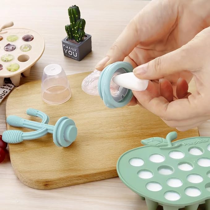 PandaEar 2 Pack Baby Breastmilk Popsicle Molds, Silicone Nibble Freezer Tray, Baby Fruit Food Feeder Teether Tray, 19 x 0.2 oz Baby Food Storage Container for Homemade Baby Food -Green&Tan