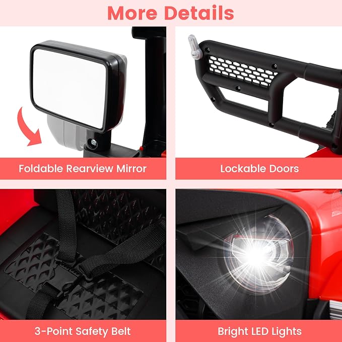 OLAKIDS 12V Ride On Truck, Battery Powered Electric Vehicle for Kids with Remote Control, Foldable Reflective Mirror, Spring Suspension, Music, LED Lights, Ride on Toy for 3+ Boys Girls (Red)