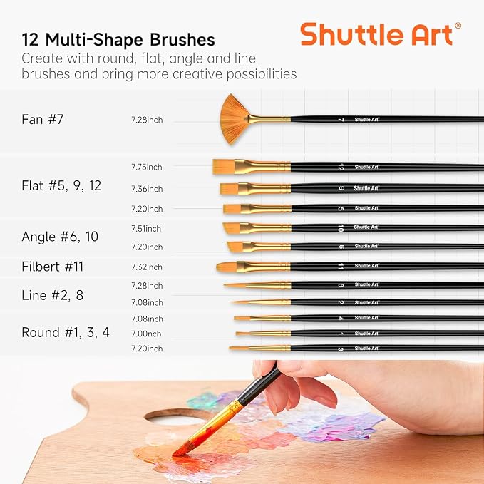 54 Colors Acrylic Paint, Shuttle Art Acrylic Paint set with 12 Paint Brushes, 2oz/60ml Bottles, Rich Pigmented, Water Proof, Premium Paints for Artists, Beginners and Kids on Canvas Rocks Wood Ceramic