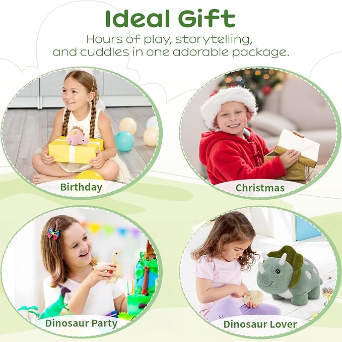 Dinosaur Stuffed Animal Set, 17.6 Inch Green Mommy Dinosaur Plush with 3 Baby Dinosaurs, Triceratops Stegosaurus Diplodocus Plush Toys for Girls Boys Kids, Cute Dino Christmas Birthday Gift