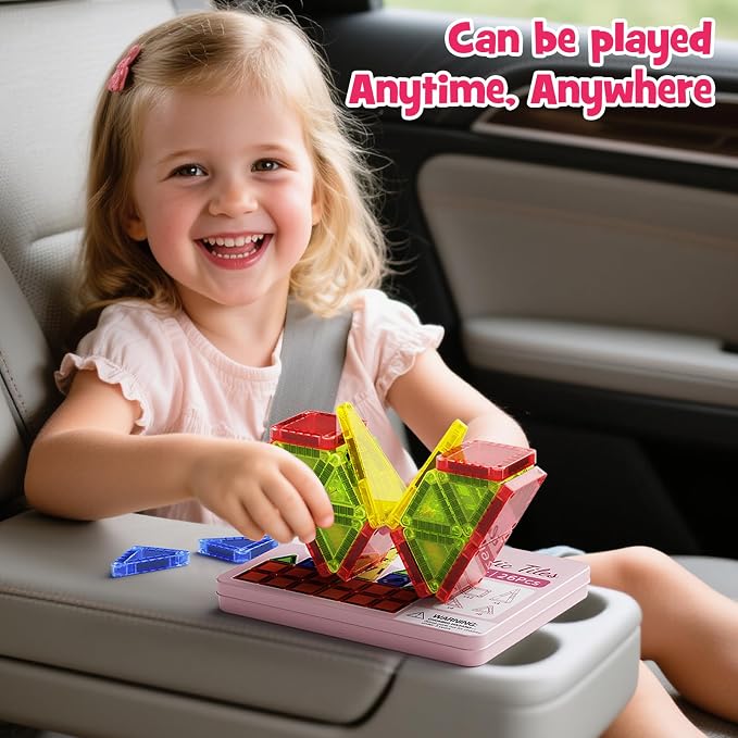 26PCS Mini Magnetic Tiles Travel Set Iron Box Storage Baseplate, Portable Magnetic Building Blocks STEM Toy for Kids 3+