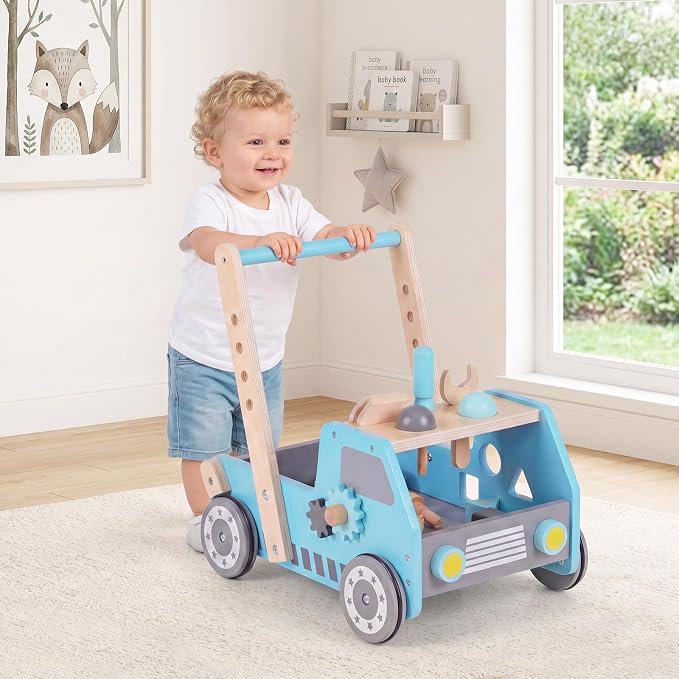 HONEY JOY Baby Push Walker, Adjustable Speed Baby Walker, Wooden Toy Tool Bench & Car Walker w/Shape Sorter, Develop Motor Skills & Creativity, Push Toys for Babies Learning to Walk, Gift (Blue)