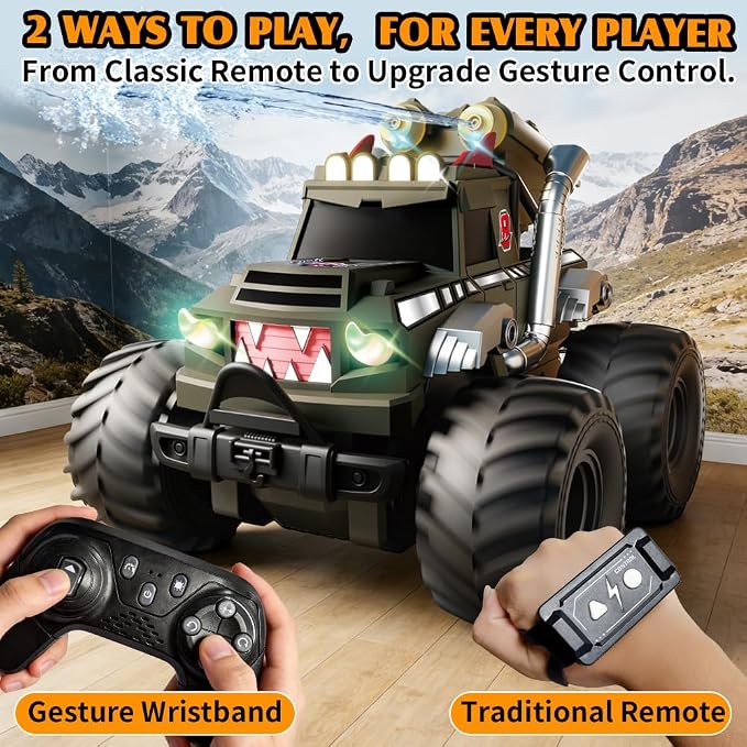 Dual Remote Control RC Car with Magic Gesture Wristband & 40+ Min Play, 1:18 Fully Submersible Waterproof All Terrain 4WD Monster Truck, Amphibious Toy Crawler Gift for Boys Girls Ages 6-12-Green