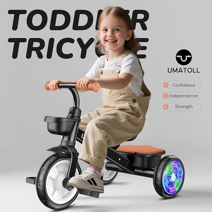 Umatoll Tricycle for Toddlers 2-5 Year Old, Ajustable Toddler Bike Outdoor Toys, Birthday Gift for Boy Age 2-4, Trike with Light up Wheels