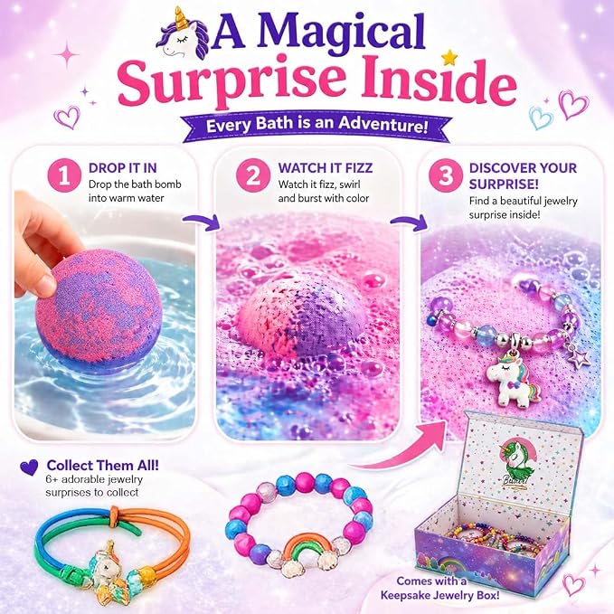 Bath Bombs for Kids with Surprise Inside, Unicorn Bath Bombs for Girls with Jewelry & Jewelry Box for Kids - Organic, Skin Moisturizing, Natural Bubble Bath, Birthday Gifts for Girls