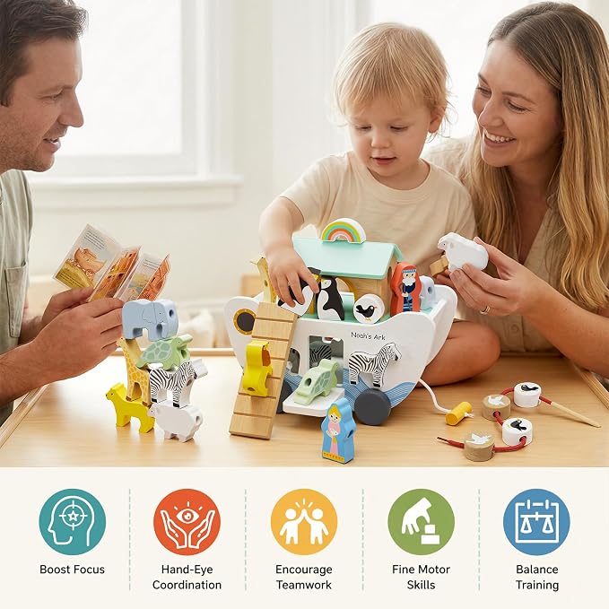 HASHMUST Wooden Noah's Ark Toy for 1 Year Old Baby Boy and Girl Gift - Pull Along Toddler Montessori Toy with Animal Shape Sorter Stacker for 1-3 Christmas Birthday Preschool Baptism Gift