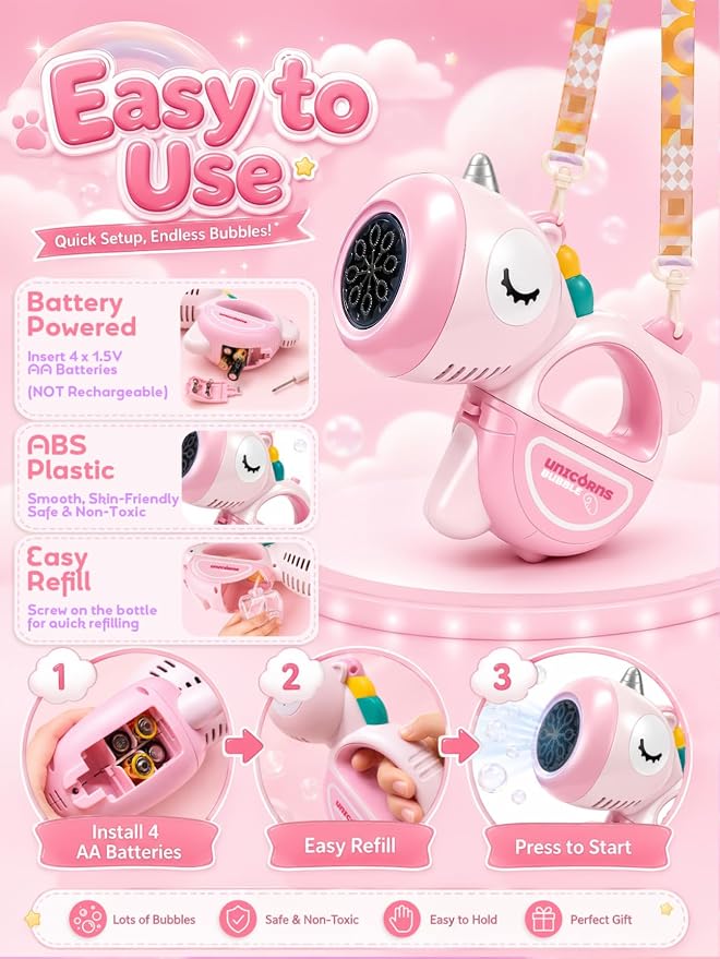 Unicorn Automatic Bubble Machine for Toddler Kid Princess Toy Age 3 4 5 6 7 8 Year Old Little Girl Boy Gift Maker Blower Summer Outdoor Burbujas Niñas Easter Christmas Birthday Present Pink