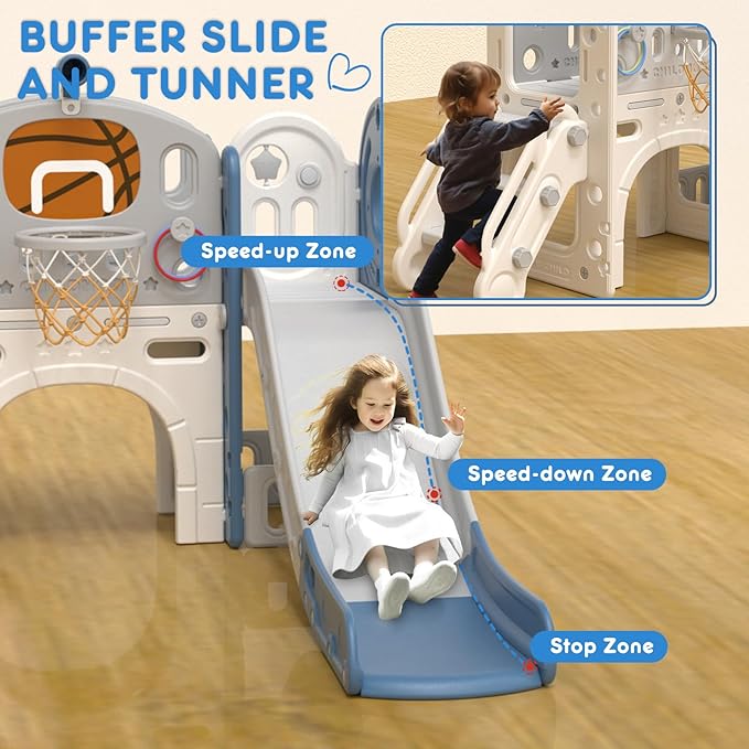 XJD 8 in 1 Toddler Slide Set, Kids Slide for Toddlers Age 1+, Climber Slide PlaySet with Basketball Hoop and Ball,Outdoor Indoor Playground for Toddlers 1-3 (Blue Gley, 8 in 1)