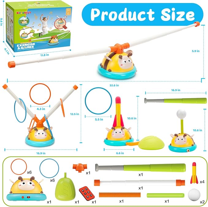 Outdoor Toys for Kids 4-8, 4-in-1 Musical Jump Toy, Toss Ring & Baseball Game, Indside Outside Active Play Sports Toy for Toddlers Ages 3-5, for Boys Girls 3 4 5 6 7 8