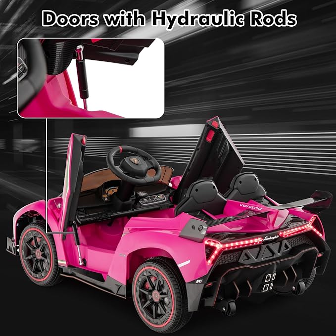 INFANS 2 Seater Kids Ride on Car, 12V 4WD Licensed Lamborghini Veneno Powered Electric Vehicle with Hydraulic Doors, Rocking Mode, Adjustable Speeds, Remote Control, MP3, Headlight (Coral)