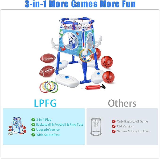 Pool Basketball Hoop 3-in-1 Basketball Football Ring Toss Games Pool Toys with 5 Balls, Floating Basketball Hoop for Pool for Kids & Adults Indoor Outdoor