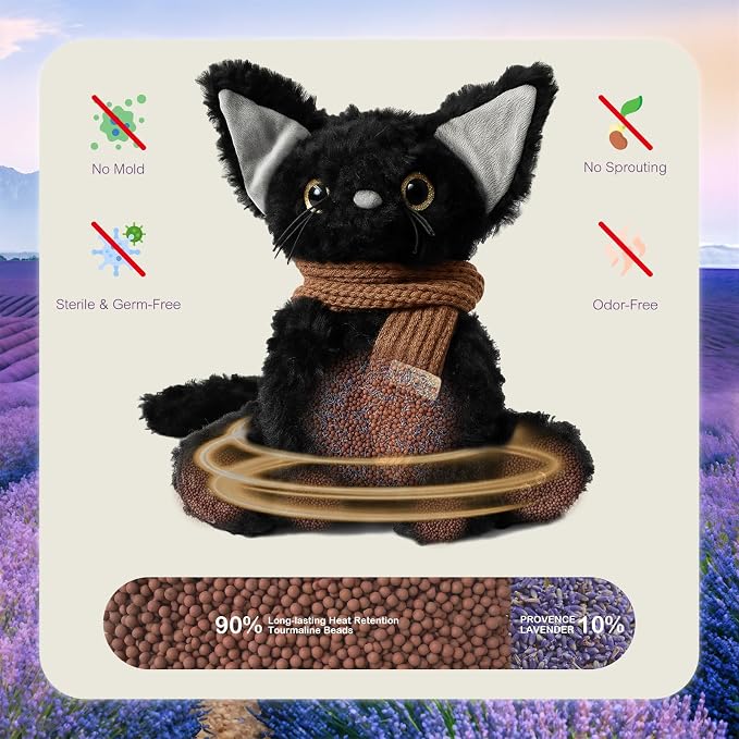 KOWSI® Microwavable Heating Pad Black Cat Plush - Weighted Stuffed Animal Toy with Tourmaline Beads & Lavender - 1.1 lb for Long Lasting Cozy Warmth & Relaxation - Includes Gift Box & Greeting Card