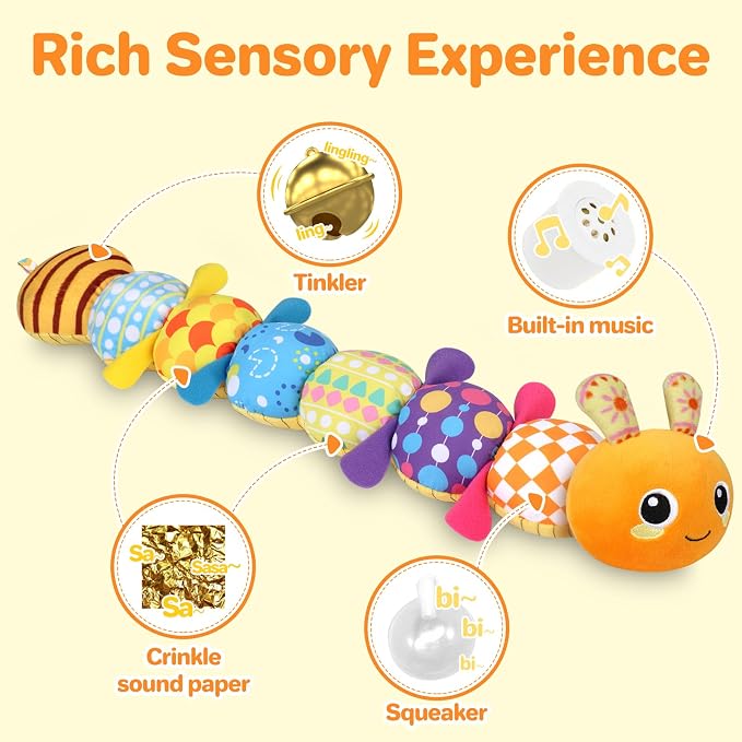 KMUYSL Baby Sensory Caterpillar Toys for 0-6 6-12 Months, Soft Plush Activity Toy with Crinkle, Rattle & Gentle Music, Tummy Time Toy for Infant Newborn, Early Development Toy Shower Gifts for Baby