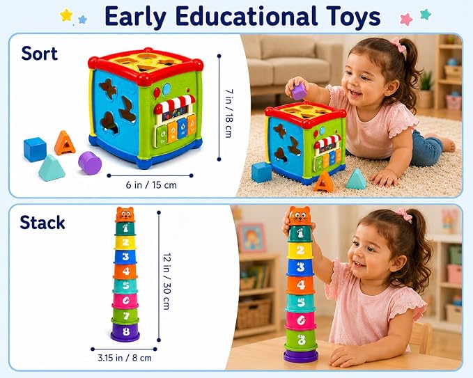 Shape Sorting Cube with Music & Lights - 6 in 1 Sensory Busy Cube Stacking Cups Activity Toy for Toddlers 18+ Months, Educational Learning Toys for Boys & Girls