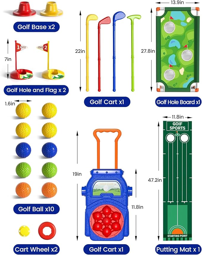 KINGTOP Toddler Golf Set with Putting Mat & Cornhole Board, Kids Golf Clubs 3-5 Years Old with 10 Balls, 4 Clubs, 2 Holes & Cart, Indoor Outdoor Toddler Sports Toys
