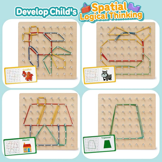 Wooden Geoboard for Kids - Montessori STEM Educational Toy with Pattern Cards & Rubber Bands,Early Fine Motor Skill Learning Shape Puzzle & Brain Teaser Geo Board for Boys Girls Ages 3+