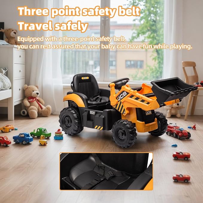 24V JCB Ride On Excavator for Kids, 3-in-1 Ride On Backhoe Digger with Front Loader & Rear Arm, Remote Control, Slow Start/Stop, Adjustable Speeds, Electric Construction Vehicle Toy for Ages 3–8