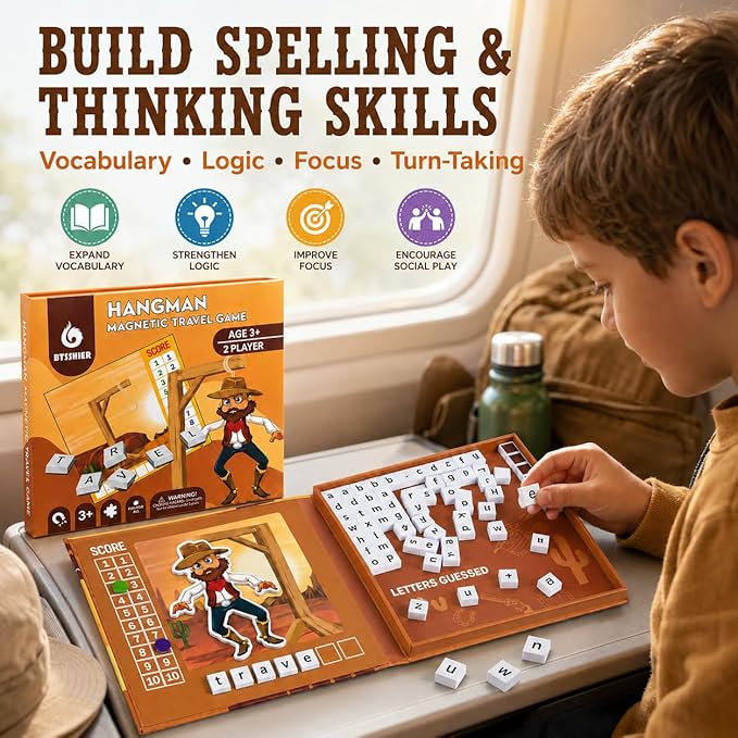 Magnetic Hangman Game for Kids Ages 4-10, Reusable Travel Word Game, Screen-Free Learning Toy for Road Trips, Airplane Activities and Car Rides