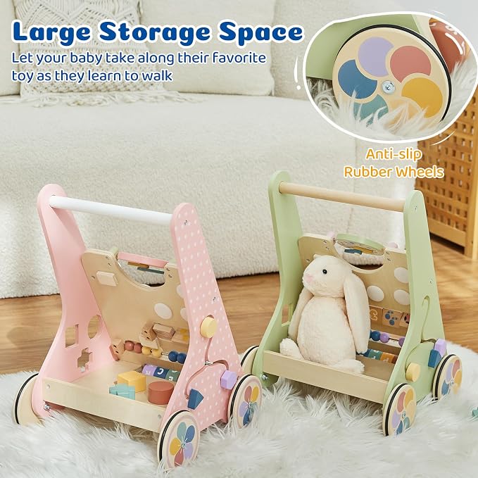Wooden Baby Push Walker, Montessori Activity Walker for Babies 12-18 Months | Adjustable-speed wooden baby push walker with Montessori activities, storage box, and safe rubber wheels.