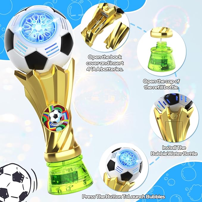 FUNBZO Bubble Machine for Kids - Soccer Trophy Bubble Wand with 2 Solution Refill, Automatic Bubble Blower, Bubbles Maker Blaster Outdoor Toys, 2026 Merchandise Birthday Gift for Boys Girls 3+