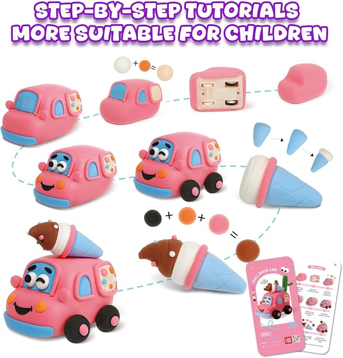 Air Dry Clay Kit for Kids - Pull Back Car Making, 3 Boxes Modeling Clay with Sculpting Tools, Base, Backing Board, Tutorial, Ultra Light & Soft, Non-Toxic & Safe, Creative DIY Arts and Crafts Toys