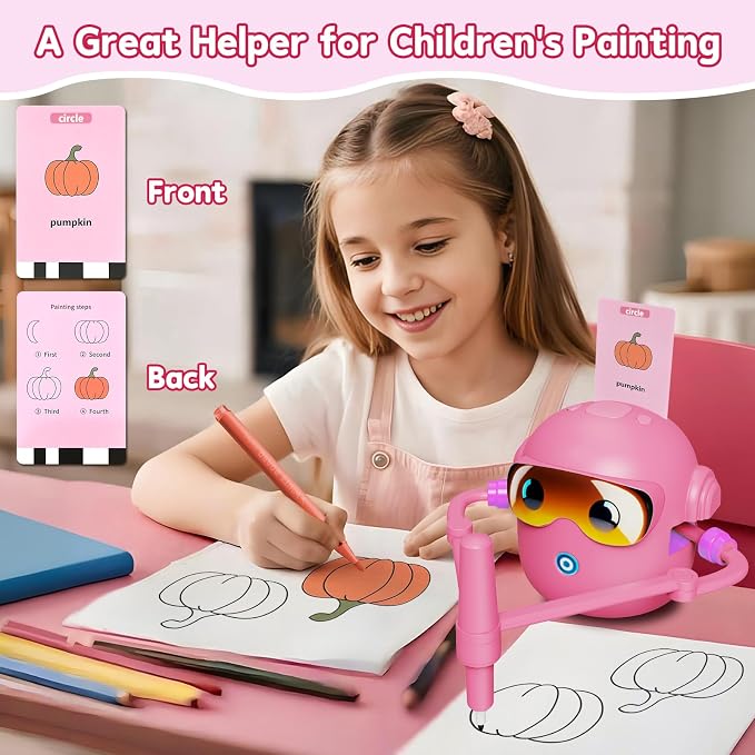 Peledic Drawing Robot Toy for Kids with 100 Word Cards & 12 Color Pens, Voice Interactive Educational Drawing Machine, Montessori Painting Toys for 3 4 5 6 7 8 Year Old Boys Girls Easter Gifts (Pink)