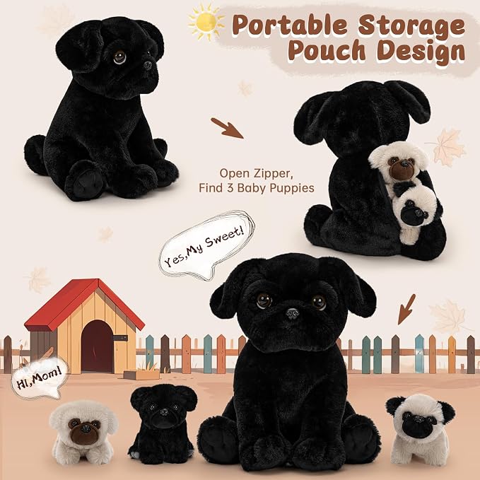 MorisMos Pug Stuffed Animal with Babies Inside, 14" Mommy Stuffed Pug with 3 Baby Puppies, 4Pcs Interactive Soft Cuddly Dog for Kids, Dog Lovers, Birthday Christmas Baby Shower Room Decor