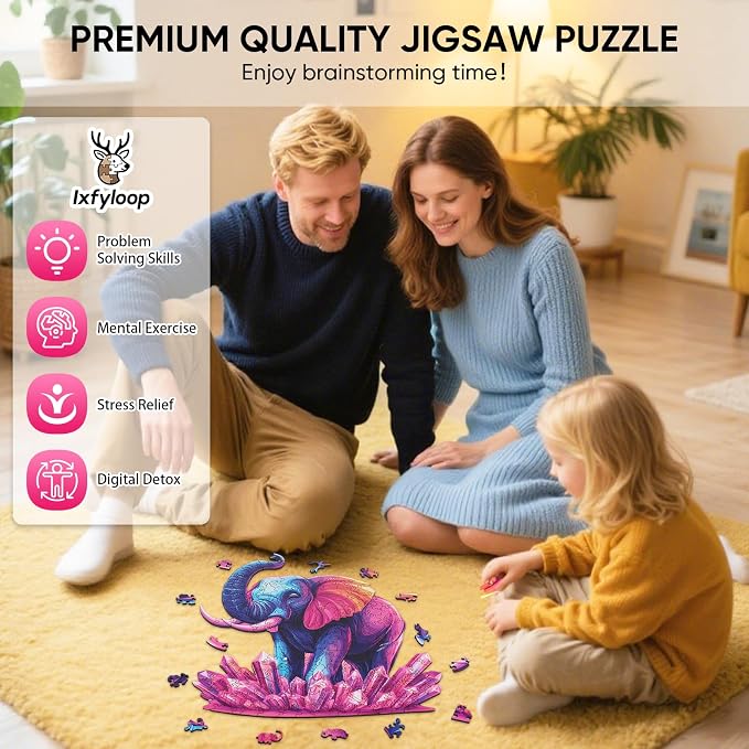 Ixfyloop Colorful Elephant Puzzles for Adults, Wooden Jigsaw Puzzles 200 Pieces, Unique Shape Animal Puzzles with Storage Box, for Family Brain Game 11x11.4 inch