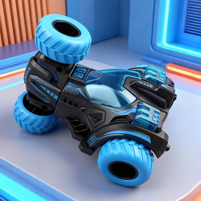 Friction Powered Flip Stunt Car, Push and Go Toy Car with 360° Upright Spin, Dual-Sided Rotating Off-Road Vehicle, No Batteries Required, Toy Car for Boys & Girls Ages 3 (Blue)