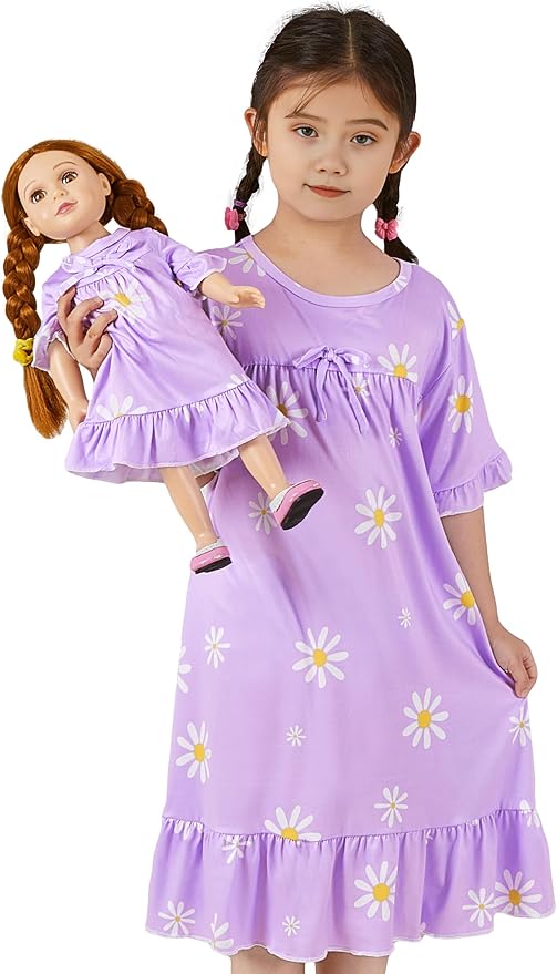 MHJY Matching Girls & Doll Nightgowns Vintage Short Sleeve Sleepwear Pajamas Dress for Girls and 18" Girl Doll