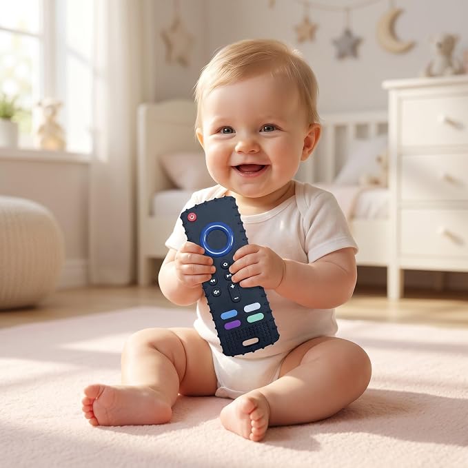 SOLIFEGOBLE Silicone TV Remote Teething Toy, BPA-Free Food Grade Teether for Babies 6-24 Months, Soft Chew Toy with Textured Buttons, Teething Relief & Sensory Play Black