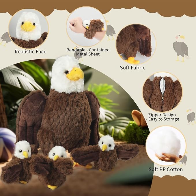 4 Pcs Bald Eagle Stuffed Animal Set 14 Inch Mommy Stuffed Eagle Plush Toy with 3 Babies, Zipper Bald Eagle Toy with Baby Eagles Plushies for Kids Boys Girls Birthday Christmas Birders Zoo Plush Gifts