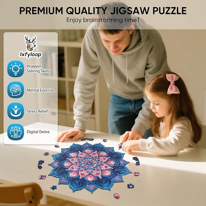 Ixfyloop Mandala Wooden Puzzles for Adults, Lotus Adult Puzzles 192 Pieces, Wooden Jigsaw Puzzles Unique Shape, Mindfulness Wood Puzzles Adult, 11.1x11.2 inch