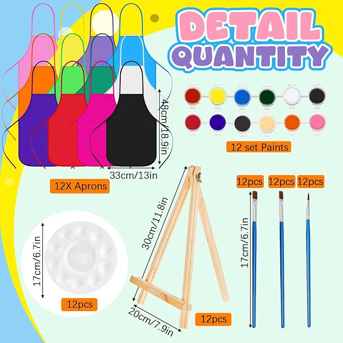 Ireer 12 Set Paint Party Set 8 x 10 Sip and Paint Kit Include 12 Printed Pre Drawn Canvas Panel, Wooden Easels, Palettes, Pots, Apron 36 Brushes for Adult Art DIY Party(Monsters)