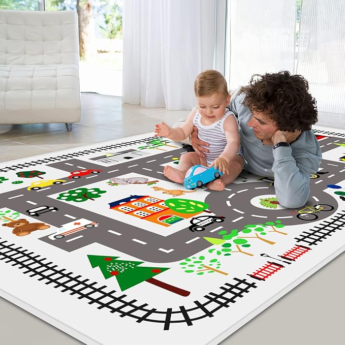 5x7ft Kids Town Road Play Rug - Car Playmat, Kids Rugs for Playroom Car Mat Town City Road Traffic Rugs, Extra Large Boys Kid Cars Track Play Rug (Style Five, 78.7X 59 INCH)