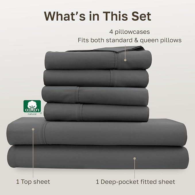 California Design Den 6-Pc Queen Size Sheet Set with 4 Pillowcases - 400 Thread Count 100% Cotton Sheets, Sateen Weave, Deep Pocket Bedsheets Set - Grey