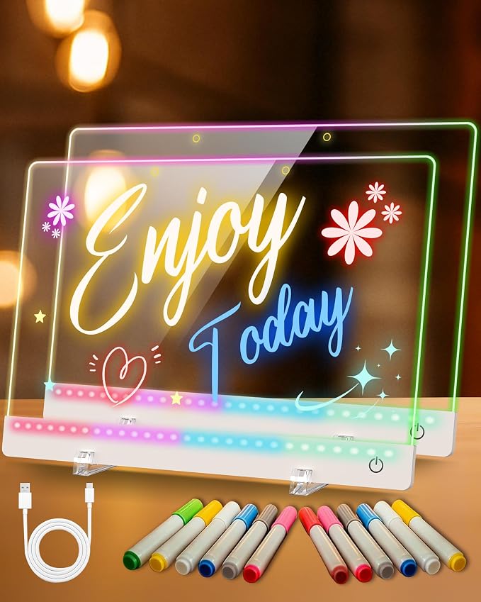 LED Drawing Board for Kids - 17" Flicker-Free Glow Doodle Drawing Pad with 11-Color Light Modes, Soft Light Dry Erase Note Board with Stand, Hanging Chain, 12 Markers, Gifts for Kids (2 PCS)