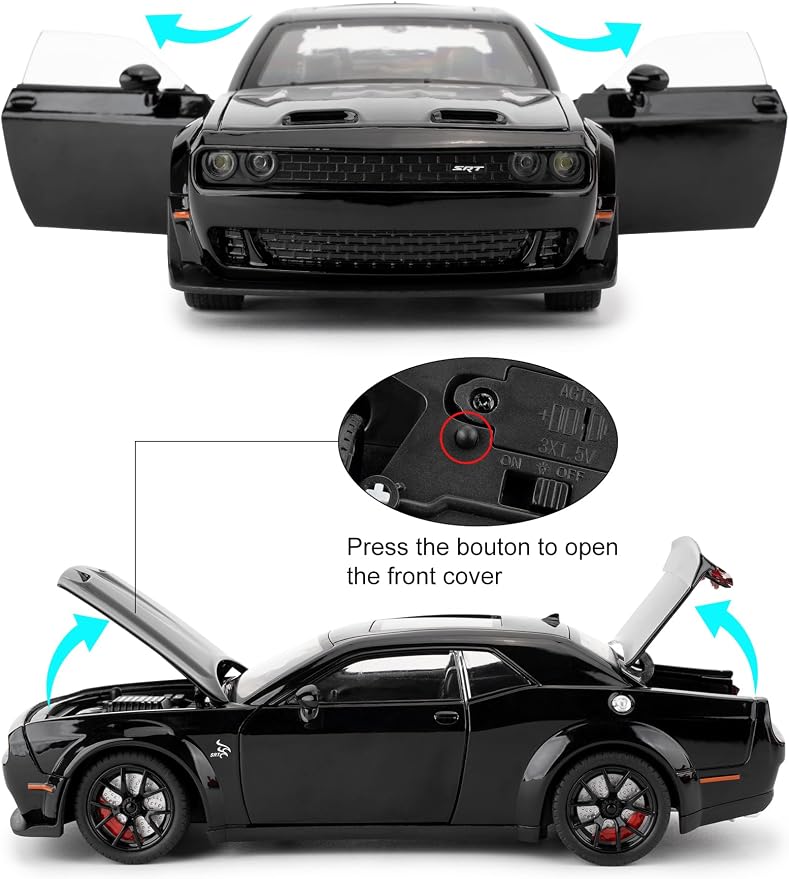 Compatible for 1/24 Dodge Challenger SRT Hellcat Car Model, Collectible Die-Cast Model Car with Lights and Sounds,Pull Back Car Toy for Adults Kids Birthday Gifts Decoration (Black)