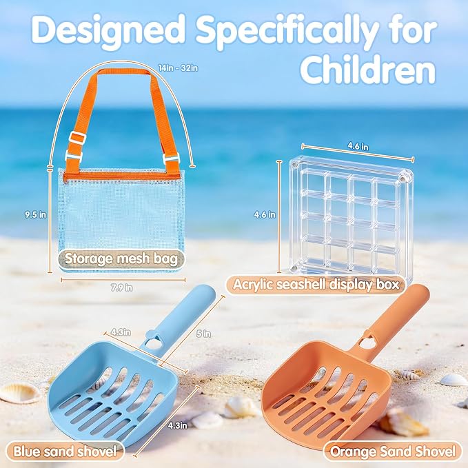 2 Pack Beach Sand Sifter with Seashell Bags & Shell Display Case, Beach Toys for Kids Beach Seashell Collecting, Seashell Beach Shovels for Boys and Girls