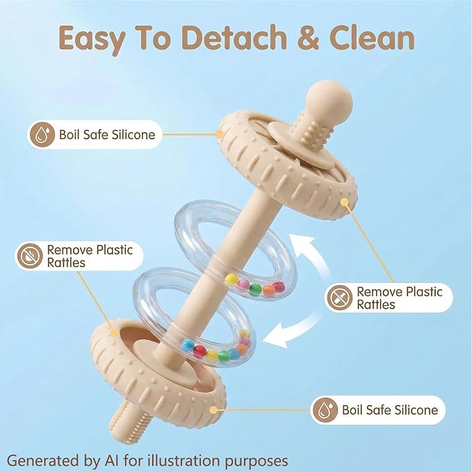 Baby Teething Toys Baby Rattle Teething Straw 3-in-1 Barbell-Shaped, Made from Silicone, Built-in Toothbrush Head and Nipple Shape, Bpa-Free, Phthalate Free, Professionally Certified
