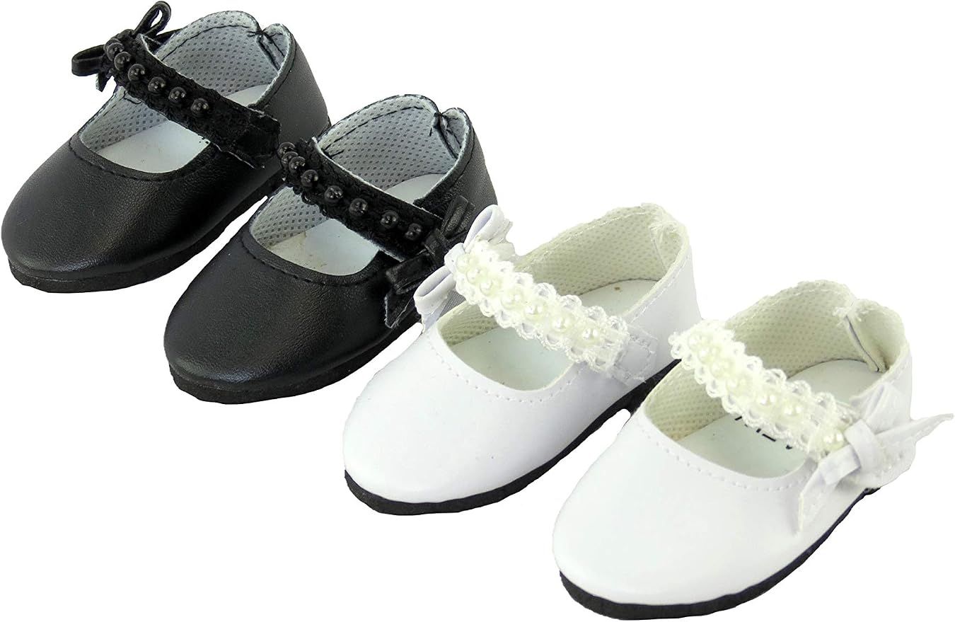 American Fashion World Black and White Pearl Flats for 18 inch Dolls | 2 Pack | Premium Quality & Trendy Design | Dolls Shoes | Shoe Fashion for Dolls for Popular Brands