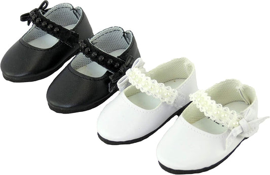 American Fashion World Black and White Pearl Flats for 18 inch Dolls | 2 Pack | Premium Quality & Trendy Design | Dolls Shoes | Shoe Fashion for Dolls for Popular Brands
