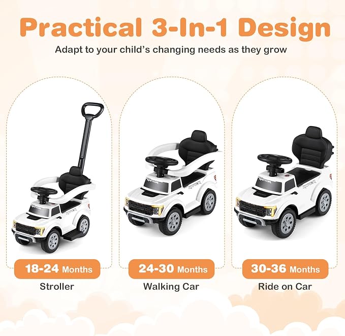 Costzon Ride On Push Car for Toddlers, 3-in-1 Ford Licensed Sliding Car w/Handle, Guardrail, Horn, Engine Sound, LED Lights, Under Seat Storage, Foot-to-Floor Kids Ride On Toys for Boys Girls (White)